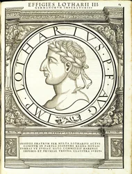 Lotharius I, illustratie uit Imperatorum romanorum omnium orientalium et occidentalium verissimae imagines ex antiquis numismatis, houtsnede door Rudolph Wyssenbach, gedrukt door Andreas Gesner, Zürich